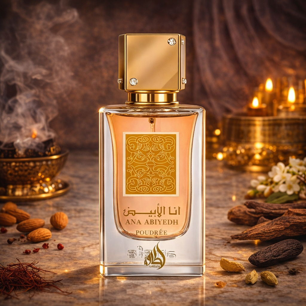 Lattafa Ana Abiyedh Poudrée Eau de Parfum in klarem Glasflakon mit goldener, würfelförmiger Kappe und goldener Verzierung, inszeniert vor warmem Hintergrund mit Kerzen, Rauch, Gewürzen und Blüten – pudrig-warmer, orientalischer Unisex-Duft.