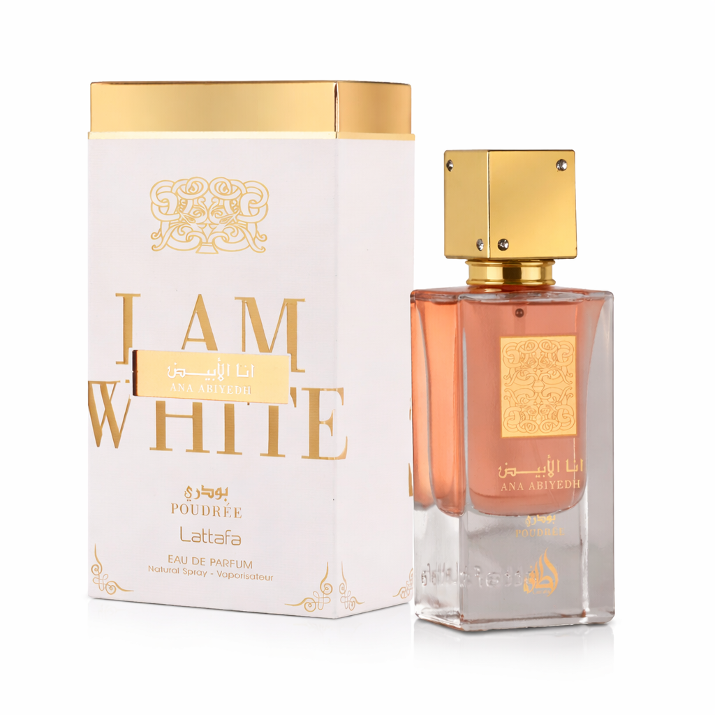 Lattafa Ana Abiyedh Poudrée Eau de Parfum mit weiß-goldener Verpackung und roséfarbenem Glasflakon mit goldener, quadratischer Kappe; eleganter, pudrig-warmer Unisex-Duft, 100 ml.