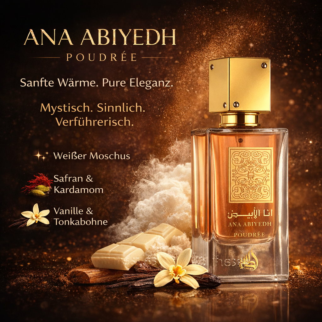 Lattafa Ana Abiyedh Poudrée Eau de Parfum mit goldener Kappe und roséfarbenem Flakon vor dunklem, warm schimmerndem Hintergrund; umgeben von Vanille, weißer Schokolade, Safran und Gewürzen – sinnlich-pudriger Duft mit weißem Moschus, Kardamom und Tonkabohne.