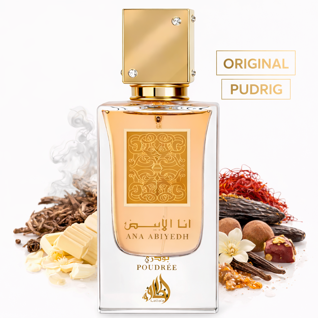 Lattafa Ana Abiyedh Poudrée Eau de Parfum in elegantem Glasflakon mit goldener Verschlusskappe und Ornament-Label, umgeben von Vanilleschoten, Safran, weißen Blüten, Hölzern und süßen Noten; Schriftzug „Original Pudrig“ hebt den pudrig-orientalischen Duftcharakter hervor.