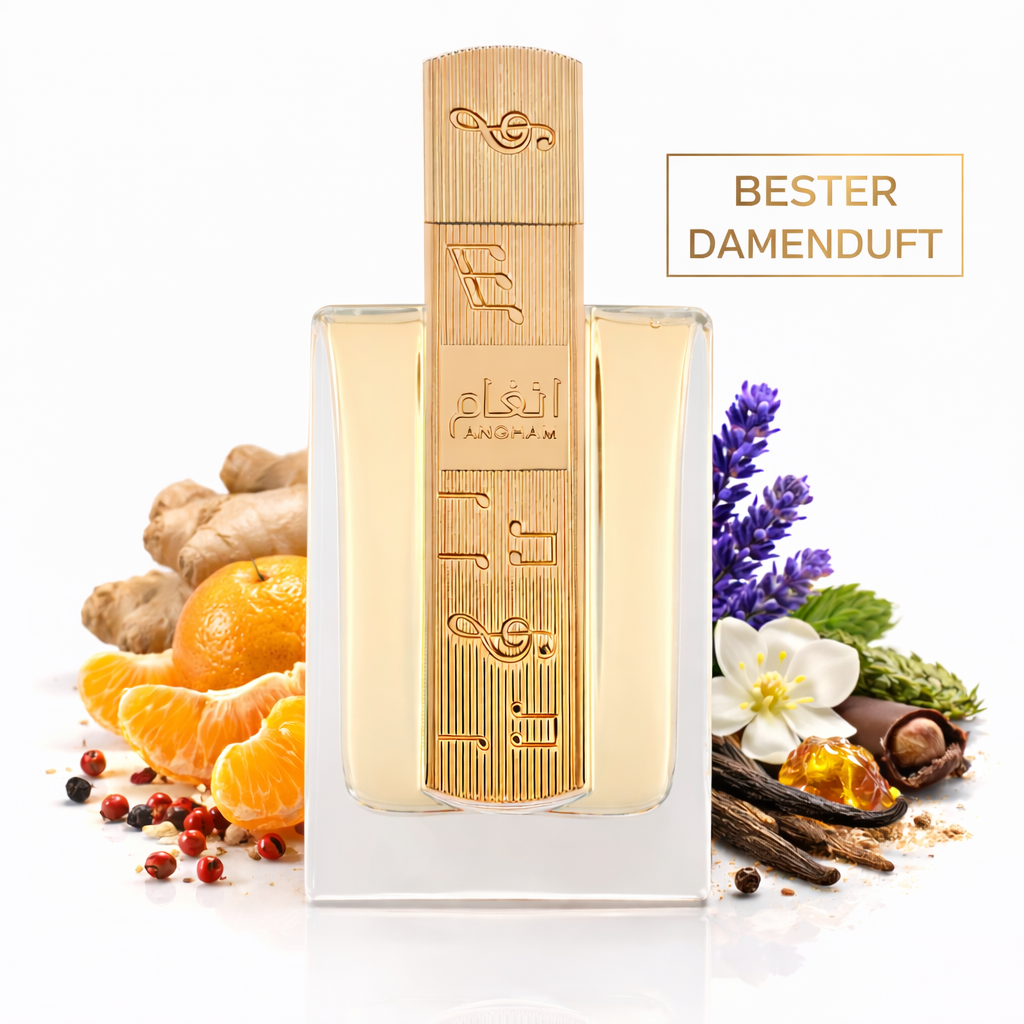 Elegantes Damenparfum in rechteckigem Glasflakon mit goldener, vertikal geriffelter Metallverzierung und hellem Duftinhalt, präsentiert vor frischen Duftnoten wie Mandarine, Ingwer, Lavendel, weißer Blüte, Vanille und Gewürzen; daneben der Schriftzug „Bester Damenduft“.