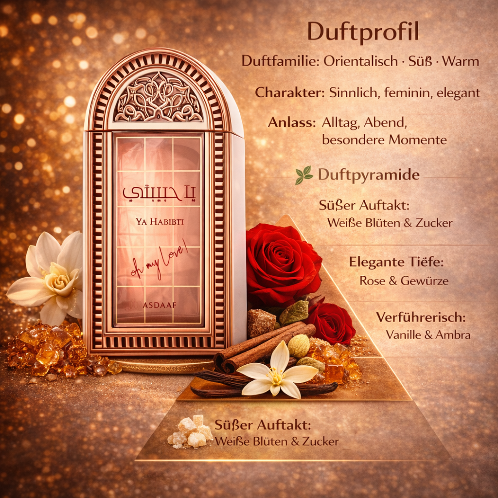 Profilo grafico del profumo "Ya Habibi – Asdaaf" con un flacone decorato in oro rosa con motivi orientali su uno sfondo dorato caldo. Circondato da rose, fiori bianchi, cannella, vaniglia, resina ambrata e zucchero. Il testo descrive la famiglia di fragranze come orientale, dolce e calda, e la piramide olfattiva con fiori bianchi e zucchero, rosa e spezie e vaniglia e ambra.