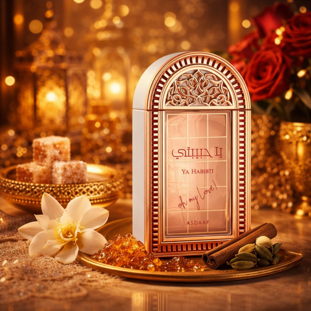 Profumo "Ya Habibi - Asdaaf" in un flacone color oro rosa decorato in stile orientale, su un vassoio dorato. Circondato da bastoncini di cannella, baccelli di cardamomo, cristalli di resina ambrata e fiori bianchi, su uno sfondo caldo e luminoso di candele e rose rosse: una sensuale composizione di fragranze orientali.