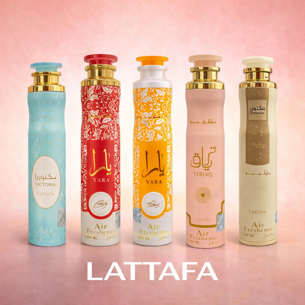 Lattafa Air Freshener Set Feminin – 5er Raumduft Kollektion | Victoria, Yara Candy, Yara Tous, Teriaq, Angham | Orientalische Raumdüfte 300 ml insgesamt 1,5 Liter