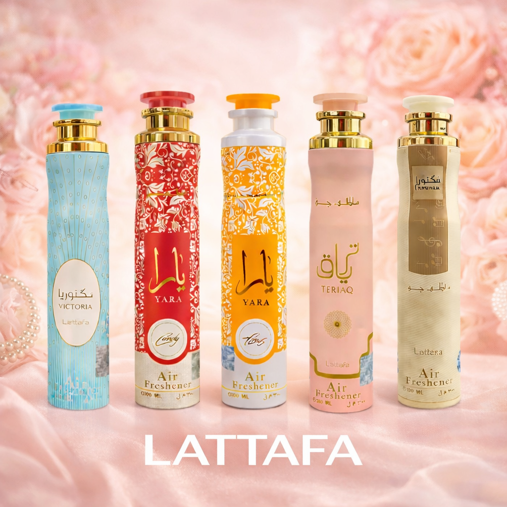 Lattafa Air Freshener Set Feminin – 5er Raumduft Kollektion | Victoria, Yara Candy, Yara Tous, Teriaq, Angham | Orientalische Raumdüfte 300 ml insgesamt 1,5 Liter
