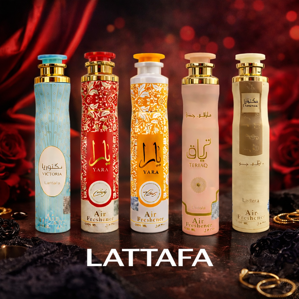 Lattafa Air Freshener Set Feminin – 5er Raumduft Kollektion | Victoria, Yara Candy, Yara Tous, Teriaq, Angham | Orientalische Raumdüfte 300 ml insgesamt 1,5 Liter
