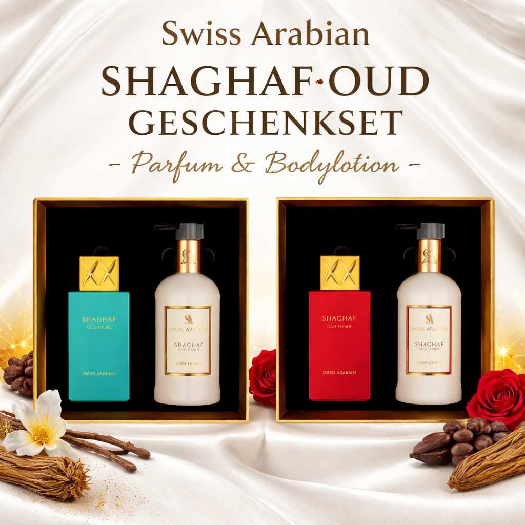 Swiss Arabian Shaghaf Oud Tonka Set | Shaghaf Oud Ahmar Set – Eau de Parfum & Body Lotion Set | Gourmand Amber Duft