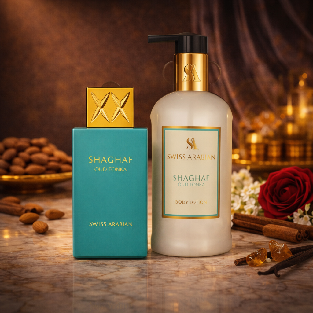 Swiss Arabian Shaghaf Oud Tonka Set | Shaghaf Oud Ahmar Set – Eau de Parfum & Body Lotion Set | Gourmand Amber Duft