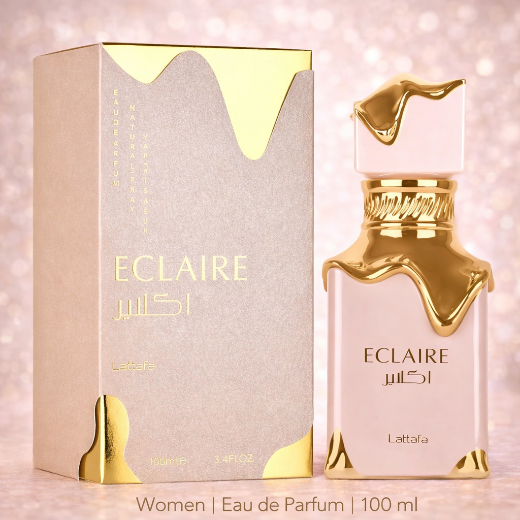 Elegantes Damenparfum „Eclaire“ von Lattafa als Eau de Parfum (100 ml) mit roséfarbener Flasche und goldenen Akzenten in Tropfenoptik. Daneben die passende roségoldene Verpackung mit goldener Schrift vor einem zart schimmernden, rosafarbenen Hintergrund.
