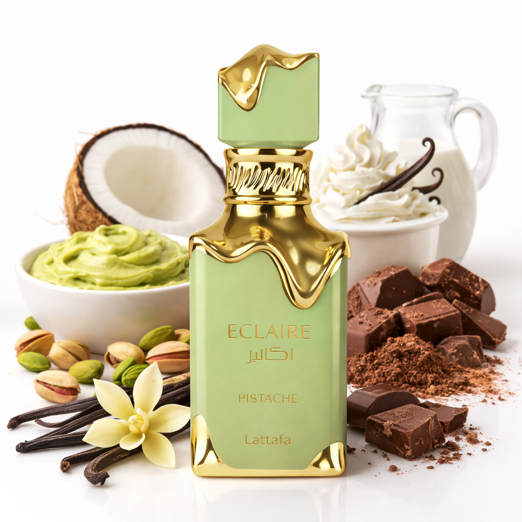 Lattafa Eclaire Pistache Eau de Parfum – eleganter pastellgrüner Flakon mit goldenen, fließenden Details, präsentiert vor Pistaziencreme, Kokosnuss, Vanilleschoten, Sahne und Schokoladenstücken als Hinweis auf den süß-gourmandigen Duftcharakter.
