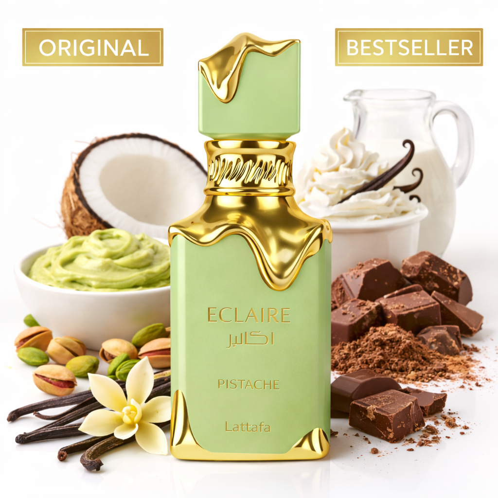 Luxuriöser, grün-goldener Parfumflakon „Eclaire Pistache“ von Lattafa mit den Hinweisen „Original“ und „Bestseller“. Der elegante Flakon steht vor Pistazien, Kokosnuss, Vanilleschoten, Sahne und Schokoladenstücken und unterstreicht einen süßen, cremig-gourmandigen Duftcharakter.