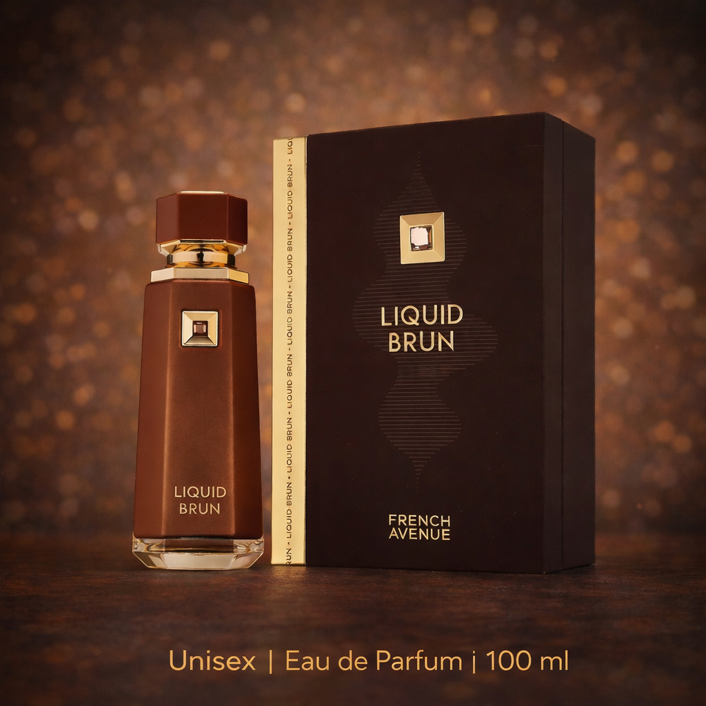 Braune Parfumflasche „Liquid Brun“ mit goldenen Akzenten neben passender dunkelbrauner Verpackung mit Goldschrift „French Avenue“; dargestellt als Unisex Eau de Parfum, 100 ml, vor warm schimmerndem Hintergrund.