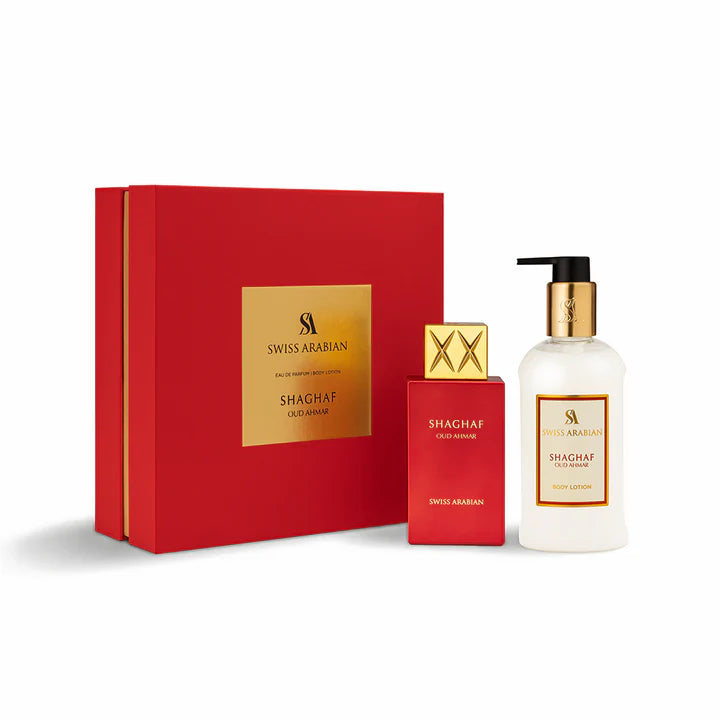 Swiss Arabian Shaghaf Oud Tonka Set | Shaghaf Oud Ahmar Set – Eau de Parfum & Body Lotion Set | Gourmand Amber Duft