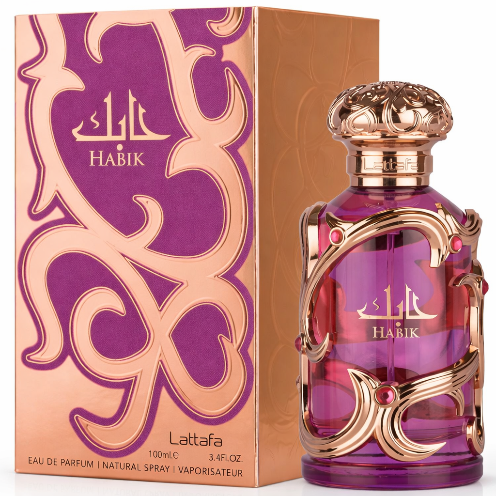 Lattafa Habik Eau de Parfum da 100 ml con flacone in vetro viola e ornamenti decorati in oro, nonché confezione coordinata in oro rosa con motivo viola; elegante fragranza femminile dal design lussuoso.