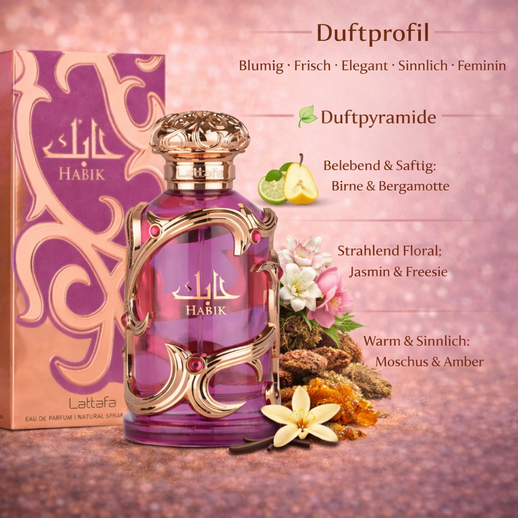Eau de Parfum Lattafa “Habik” con flacone in vetro viola e ornamenti dorati accanto alla confezione coordinata, raffigurata su uno sfondo color rosa con grafica del profilo della fragranza e note di pera, bergamotto, gelsomino, fresia, muschio e ambra.