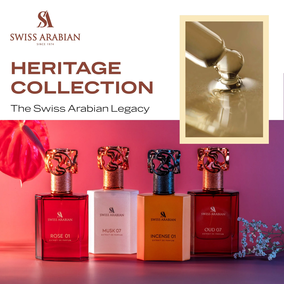 Immagine promozionale della Swiss Arabian Heritage Collection con quattro flaconi di profumo (Rose 01, Musk 07, Incense 01, Oud 07) su uno sfondo colorato, sopra i quali si trova la scritta “Heritage Collection – The Swiss Arabian Legacy” e un dettaglio dell’olio profumato dorato.