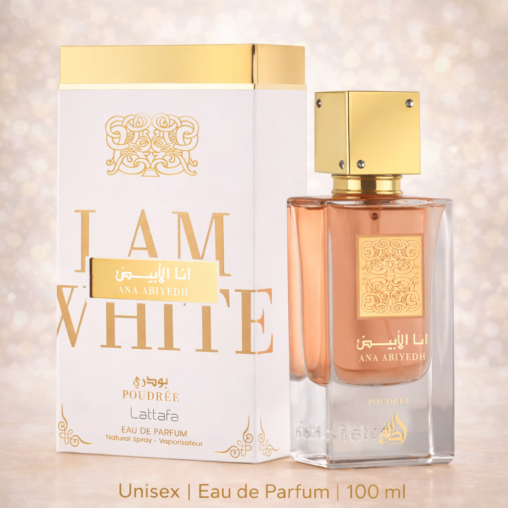 Lattafa Ana Abiyedh Poudrée Eau de Parfum (100 ml) mit weiß-goldener Verpackung und elegantem Glasflakon mit goldener Kappe; pudrig-warmer Unisex-Duft in roséfarbenem Flakon vor hellem Hintergrund.