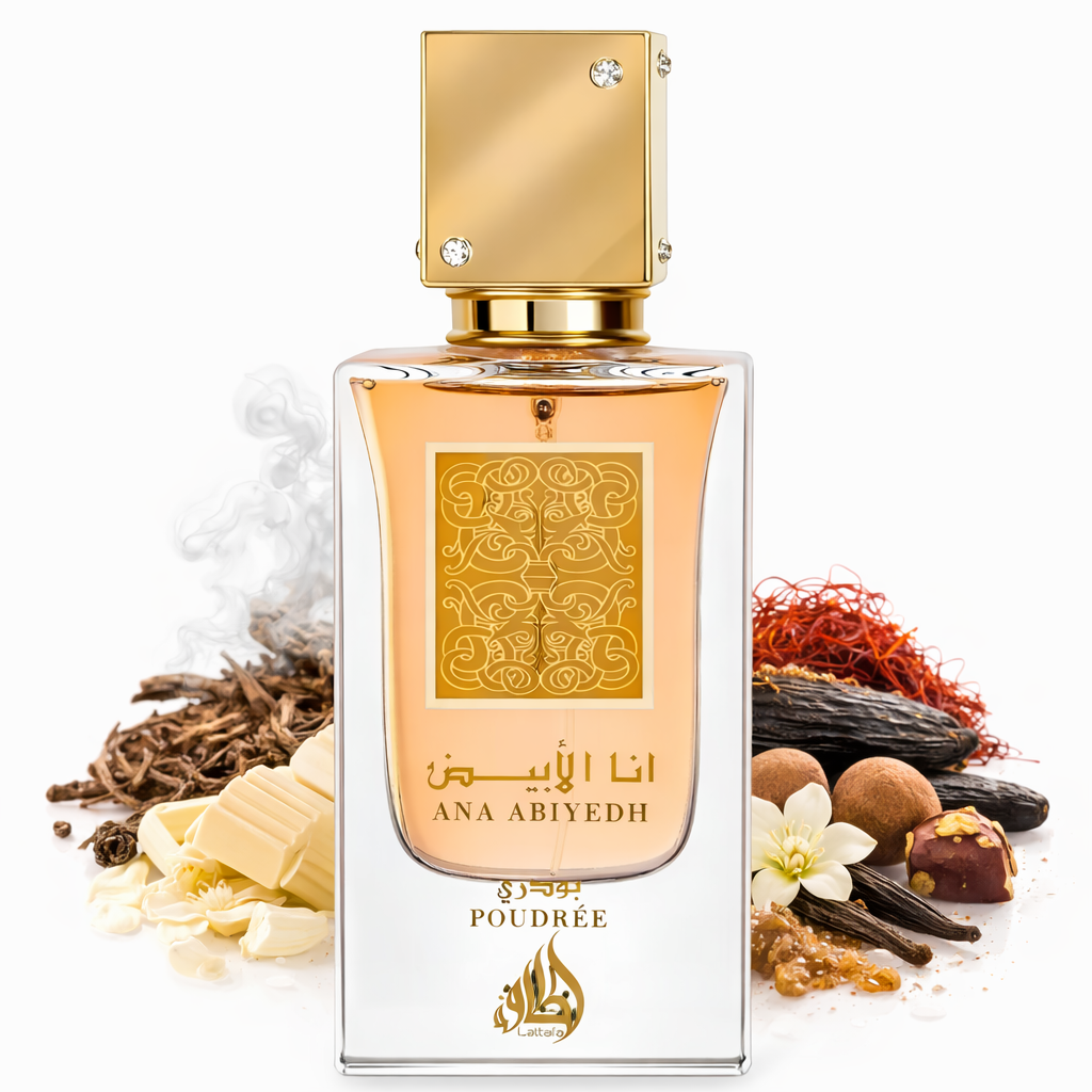 Lattafa Ana Abiyedh Poudrée Eau de Parfum in transparentem Glasflakon mit goldener, quadratischer Kappe und goldener Ornamentplatte, arrangiert mit Safran, Vanille, Gewürzen und weißer Blüte – warmer, pudrig-orientalischer Duft.