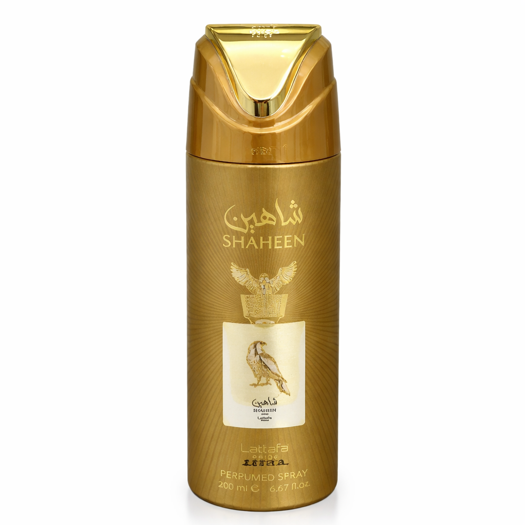 Lattafa „Shaheen“ Parfüm-Deospray (200 ml) in goldener, metallisch glänzender Spraydose mit goldener Kappe, arabischer Schrift und Falken-Motiv auf dem Etikett, freigestellt vor weißem Hintergrund.