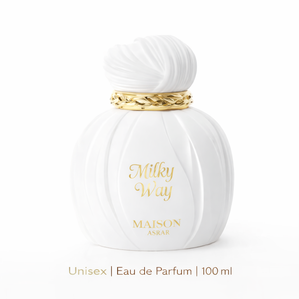 Milky Way Eau de Parfum von Maison Asrar – weißer, elegant geschwungener Flakon mit goldener Verzierung, Unisex, 100 ml, auf hellem Hintergrund.