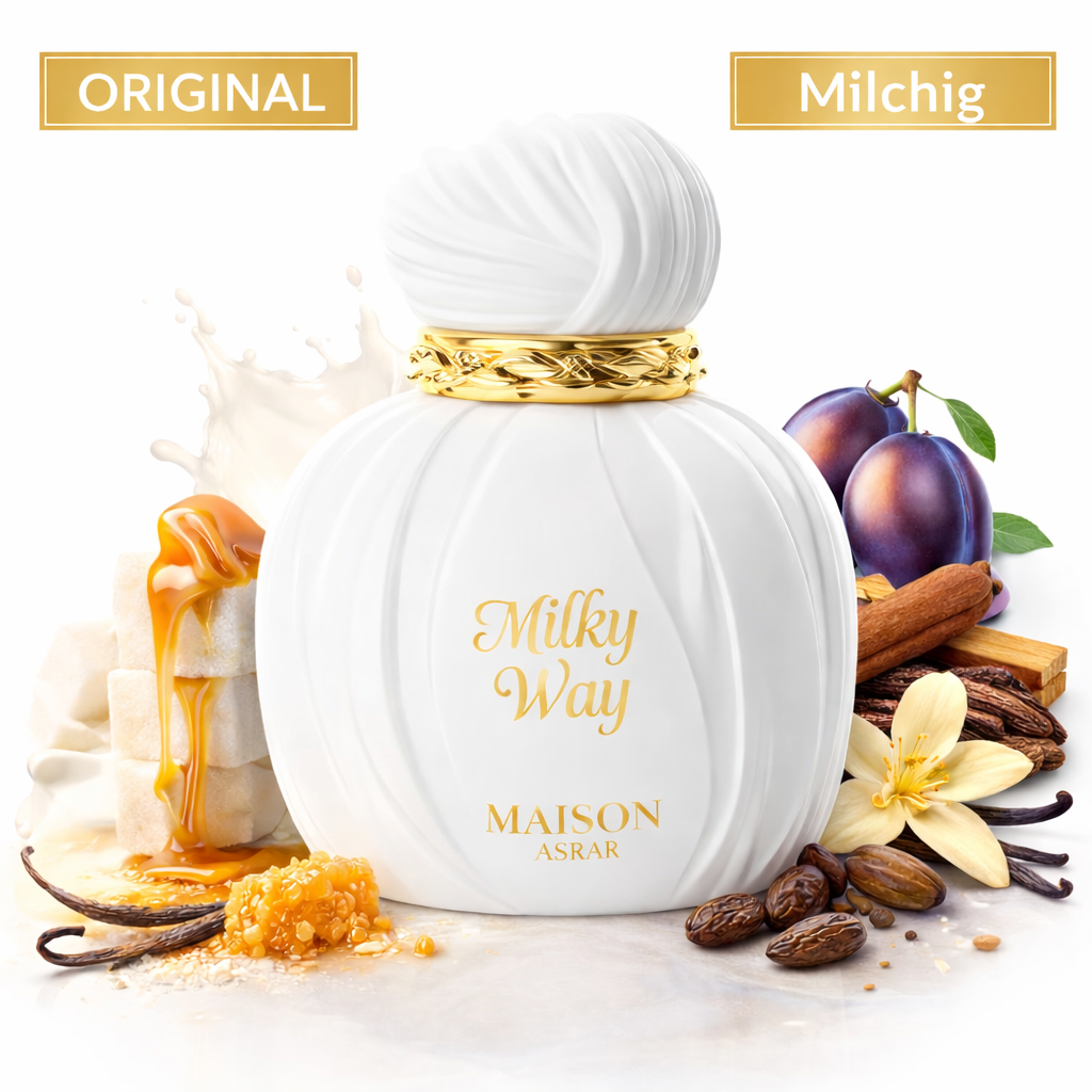 Milky Way Parfum von Maison Asrar – weißer Flakon mit goldenen Details, umgeben von Vanille, Honig, Zuckerwürfeln, Pflaumen und Gewürzen, milchiges Duftkonzept.
