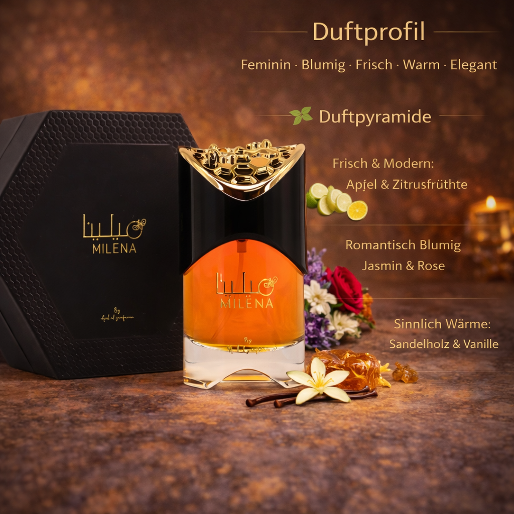 Milena Eau de Parfum mit schwarzer, hexagonaler Geschenkbox und elegantem schwarz-goldenem Flakon mit bernsteinfarbener Duftflüssigkeit. Duftprofil feminin, blumig, frisch und warm mit Apfel, Zitrusfrüchten, Jasmin, Rose, Sandelholz und Vanille.