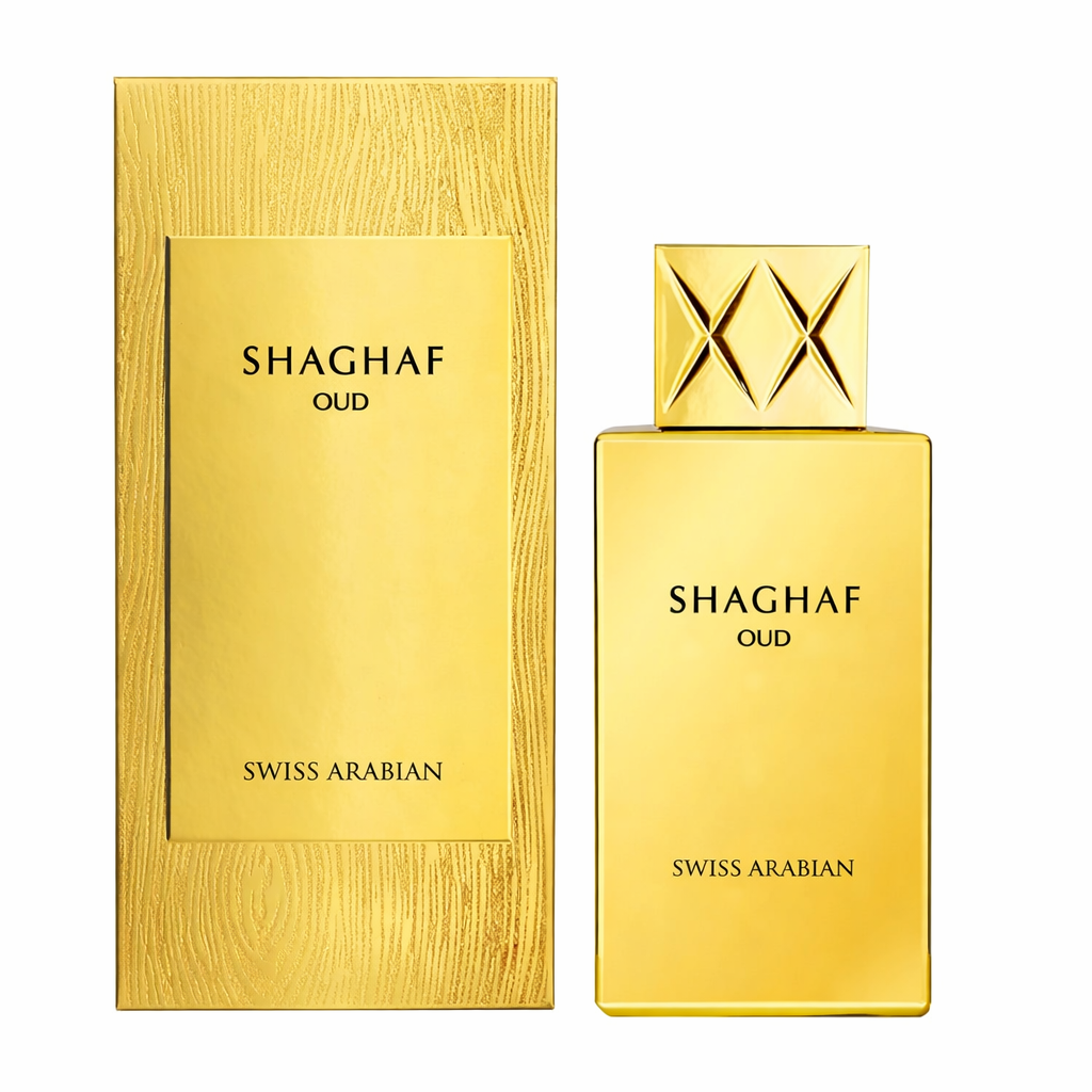 Shaghaf Oud Eau de Parfum 75 ml von Swiss Arabian, orientalischer Unisex-Duft in luxuriösem goldenen Flakon, inszeniert mit Rose, Safran, Vanille, Oud-Holz und süßen Akzenten.