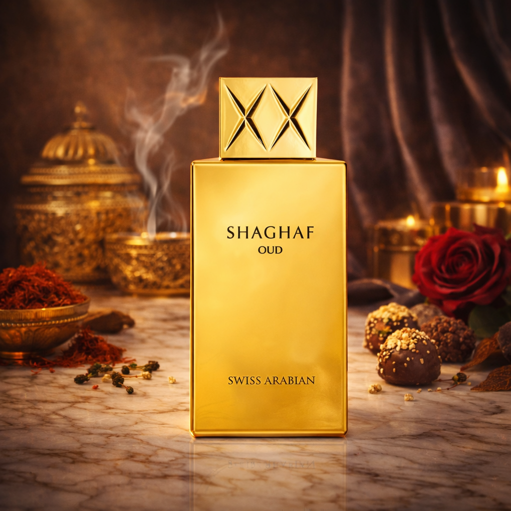 Shaghaf Oud Eau de Parfum 75 ml von Swiss Arabian, intensiver orientalischer Unisex-Duft im eleganten goldenen Flakon, inszeniert mit Rose, Safran, Gewürzen, Oud-Holz und süßen Pralinen-Akzenten vor warmer, luxuriöser Kulisse.