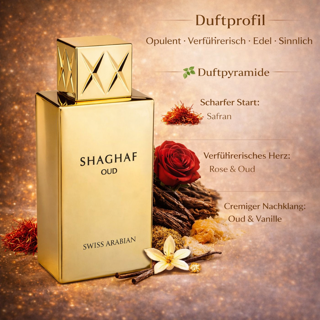 Shaghaf Oud Eau de Parfum 75 ml von Swiss Arabian im goldenen Flakon mit Duftprofil-Übersicht: opulent, verführerisch und sinnlich; Duftnoten Safran (Kopf), Rose & Oud (Herz) sowie Oud & Vanille (Basis), dekoriert mit Rose, Safran und Vanille.