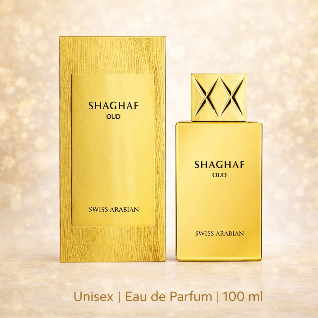 Shaghaf Oud Eau de Parfum von Swiss Arabian, Unisex-Duft im eleganten goldenen 100-ml-Flakon mit passender goldener Verpackung vor hellem Hintergrund.
