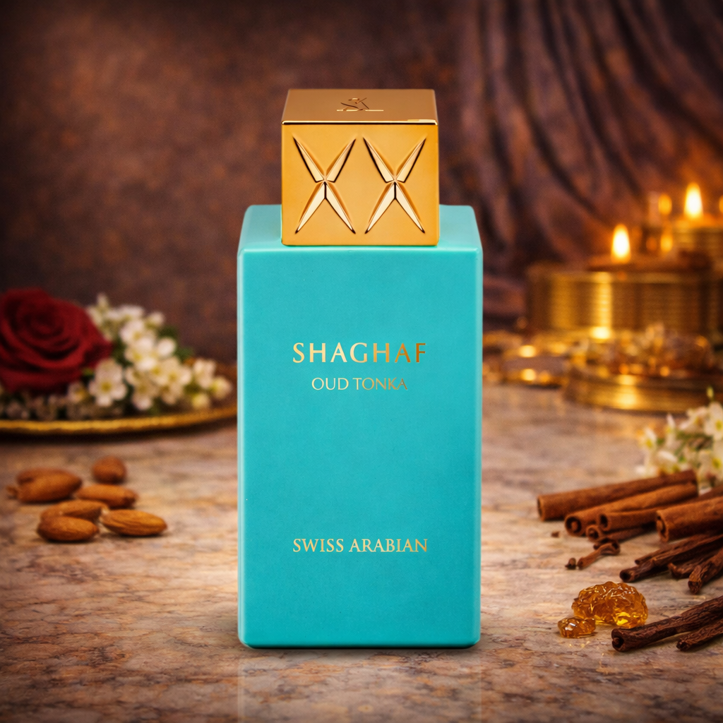 „Shaghaf Oud Tonka“ von Swiss Arabian im türkisfarbenen Flakon mit goldener Kappe, inszeniert auf warmem Hintergrund mit Rose, Mandeln, Zimt und Harz.