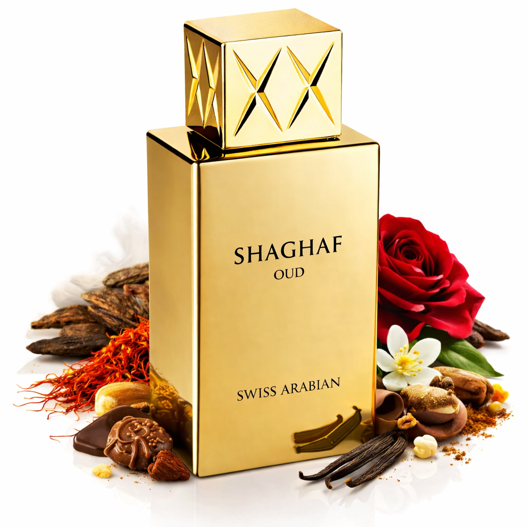 Shaghaf Oud Eau de Parfum 75 ml von Swiss Arabian, orientalischer Oud-Unisex-Duft im goldenen Parfumflakon