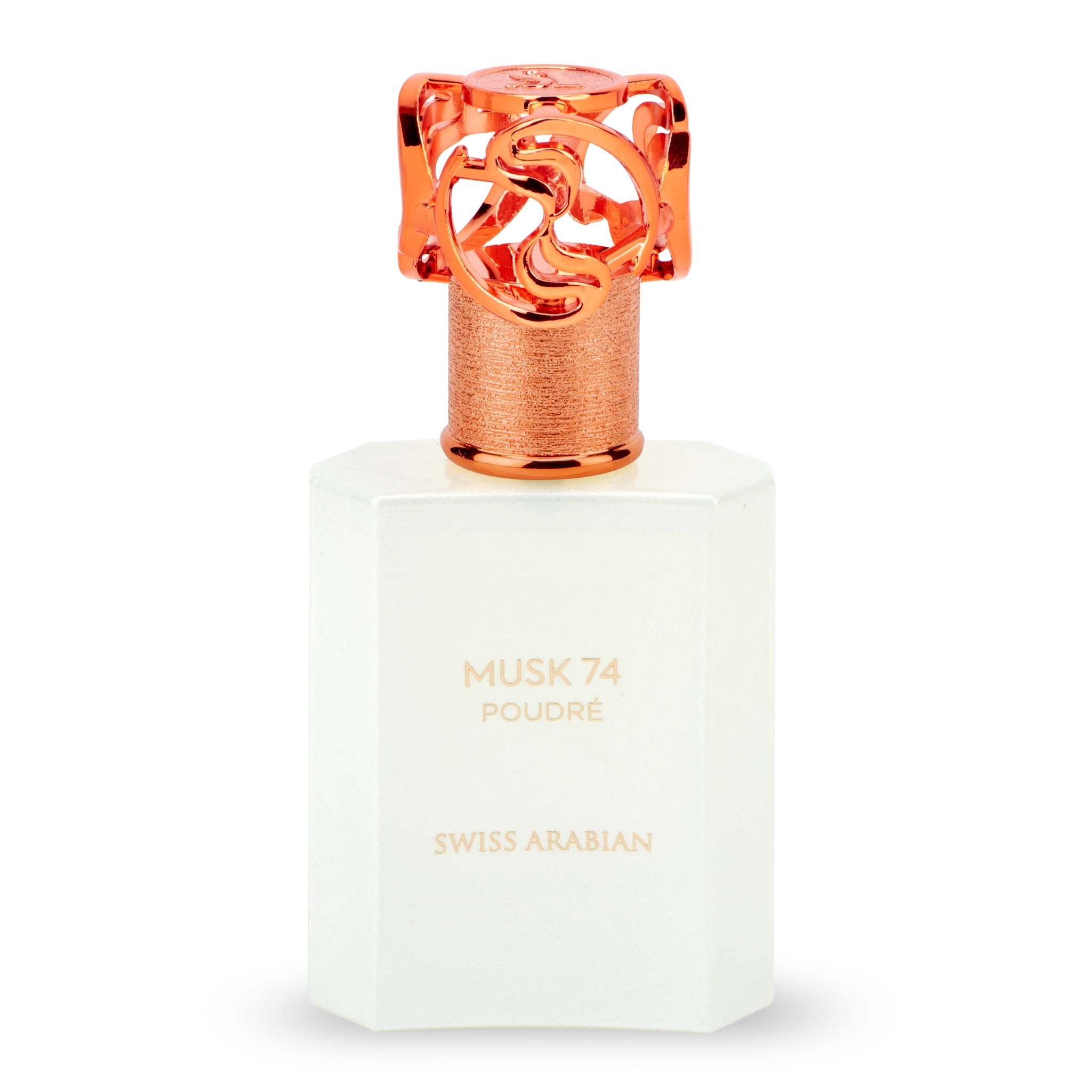 Swiss Arabian Musk 74 Poudré: elegante flacone in vetro bianco latte con scritte dorate e tappo decorato ad arte color oro rosa; design minimalista dall'aspetto lussuoso.