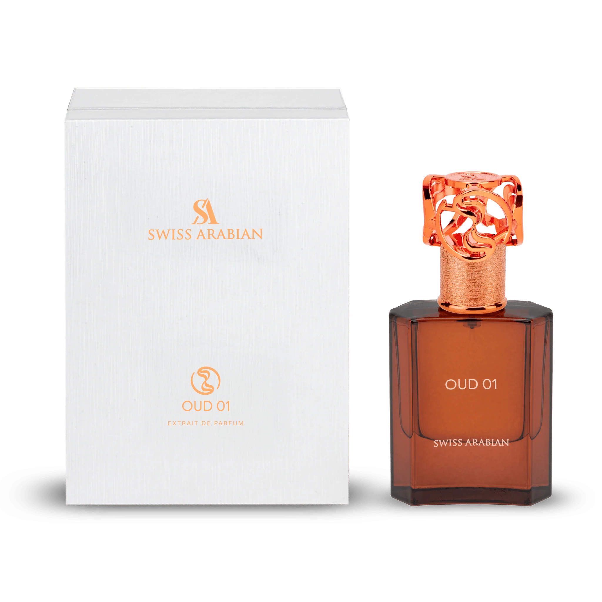 Swiss Arabian OUD 01 Extrait de Parfum con confezione bianca testurizzata e flacone in vetro ambrato con tappo ornamentale in rame su sfondo trasparente.