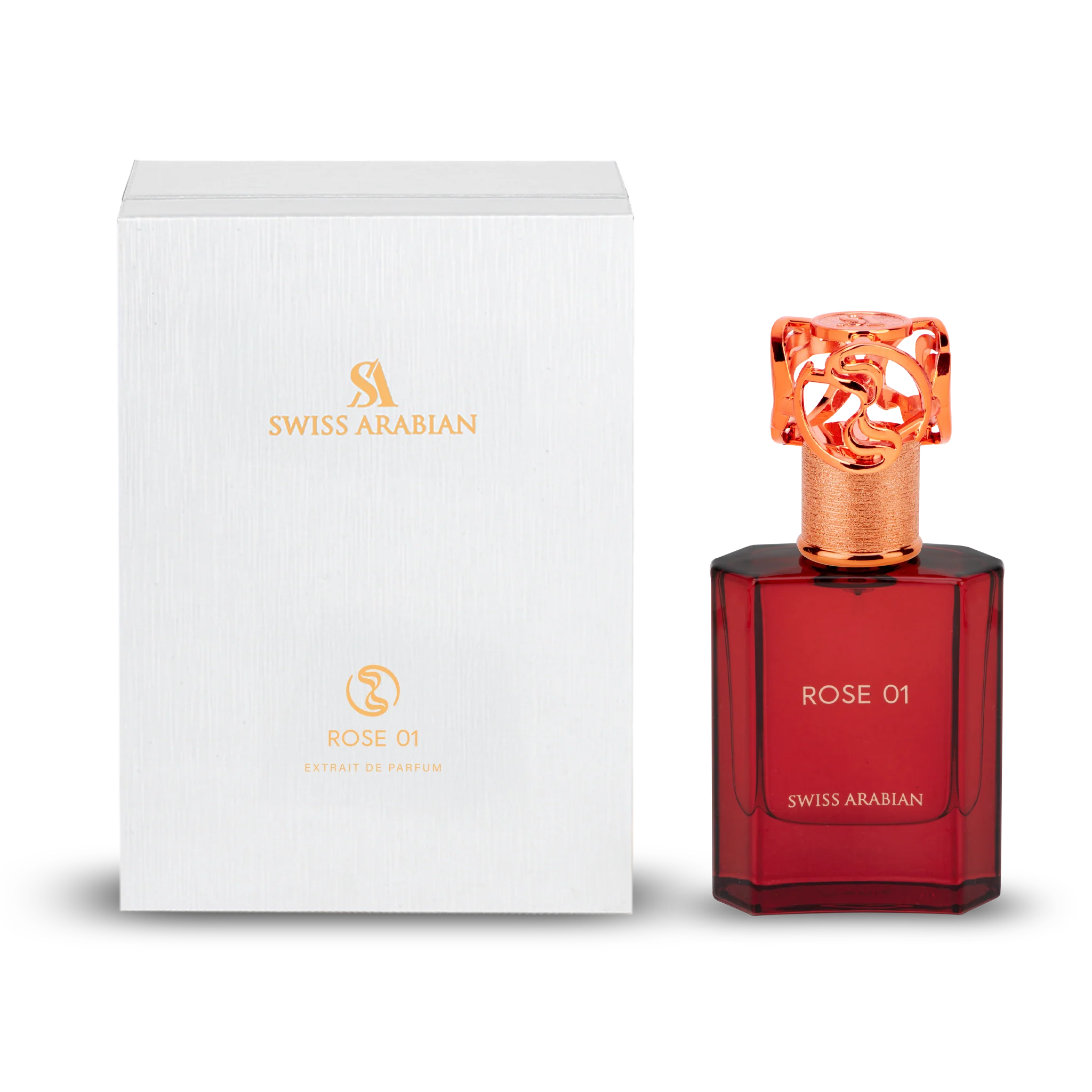 Swiss Arabian Rose 01 Extrait de Parfum con flacone in vetro rosso e chiusura ornamentale in oro rosa accanto alla confezione originale bianca.