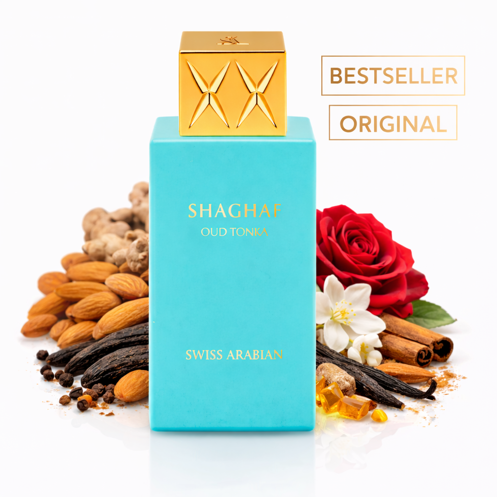 Shaghaf Oud Tonka“ von Swiss Arabian in türkisfarbenem Flakon mit goldener Kappe, inszeniert mit Mandeln, Vanilleschoten, Zimt, Rose und Amber; gekennzeichnet als Bestseller Original