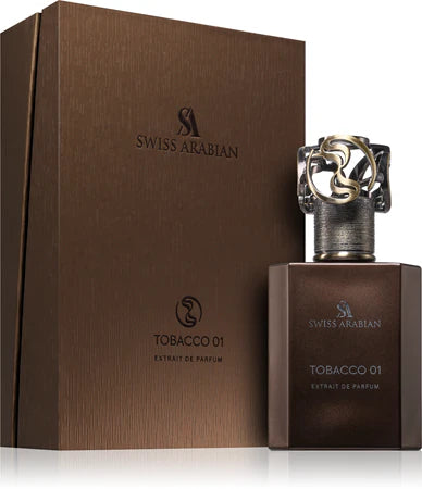 Swiss Arabian Tobacco 01 Extrait de Parfum con flacone marrone scuro e chiusura ornamentale argentata, abbinato alla confezione originale marrone.