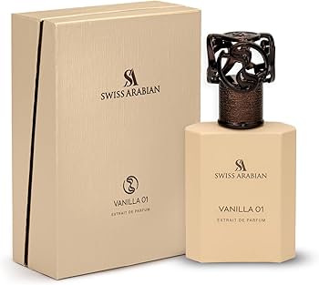 Swiss Arabian Vanilla 01 Extrait de Parfum con confezione beige e flacone quadrato abbinato con chiusura scura e ornamentale, presentato in modo minimale su uno sfondo chiaro.