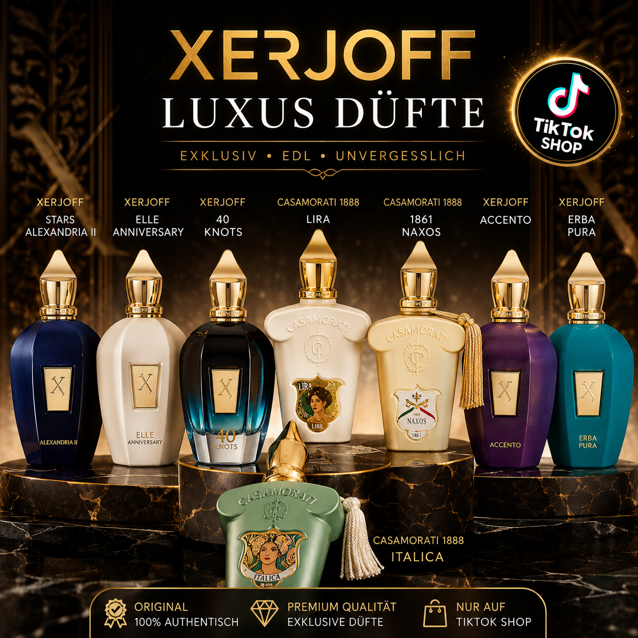 Xerjoff Parfum Collection – Alexandria II, Elle Anniversary, 40 Knots, 1888, Lira, Naxos, Accento, Erba Pura & Italica | Duftauswahl