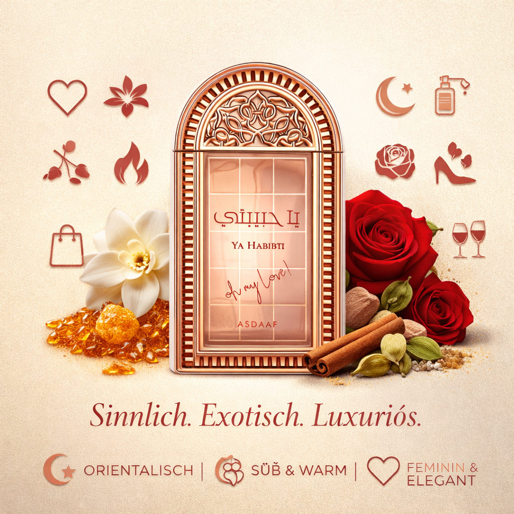 Profumo "Ya Habibi - Asdaaf" in un flacone decorato in stile orientale color oro rosa su sfondo chiaro. Circondato da una rosa rossa, un fiore bianco, un bastoncino di cannella, cardamomo e cristalli di resina ambrata. Simboli grafici e testo enfatizzano le qualità "Sensuale. Esotico. Lussuoso", oltre che orientale, dolce e caldo, femminile ed elegante.