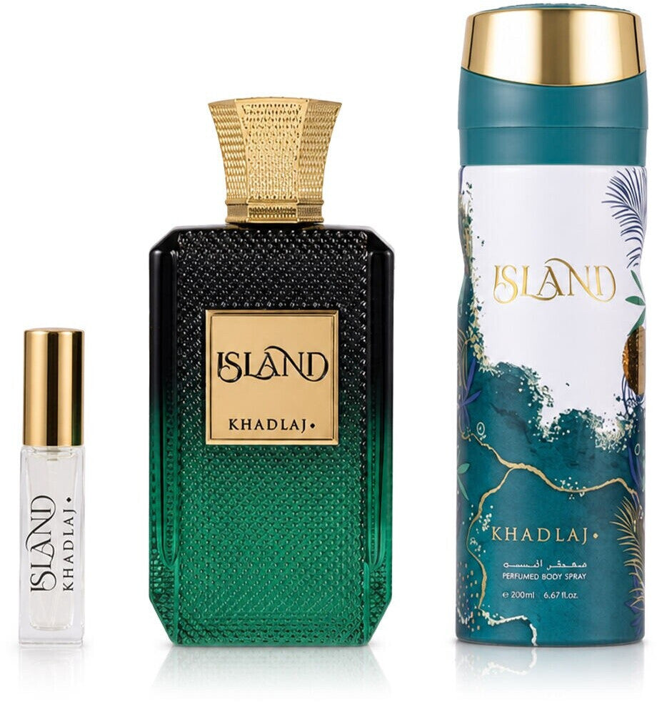 Khadlaj Island 3-teiliges Duftset – Extrait de Parfum 100 ml + Körperspray 200 ml + Reiseparfum 10 ml | Tropisch, Frisch & Exotisch
